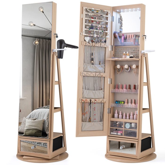 4 en 1 Armoire à Bijoux Pivotante à 360° COSTWAY Lumières LED et Miroir Support de Sèche-cheveux Etagères à larrière Naturel
