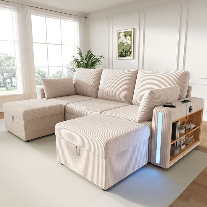 Canapé dangle modulable en U ou L 190x130x85 cm 2 poufs coffre LED appli/télécommande USB/USB-C 2 tiroirs velours côtelé beige