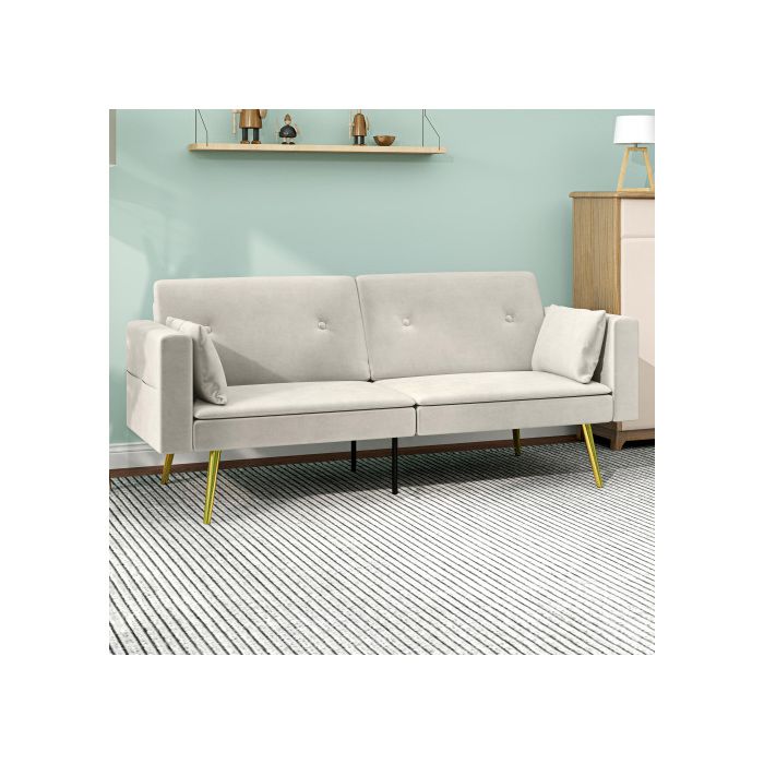 Canapé Clic-Clac - SOGEU - 181x73x79 cm - Dossier réglable 3 positions - Revêtement velours - Poches latérales & 2 coussins