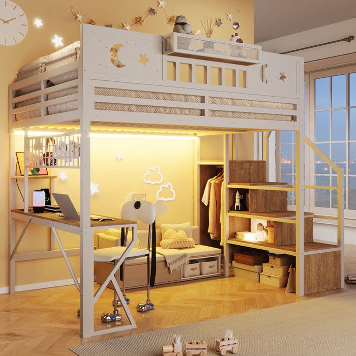 Lit mezzanine 2 places avec LED et bureau Lit enfant 140x200 en fer avec pieds en K et garde-corps de sécurité Blanc