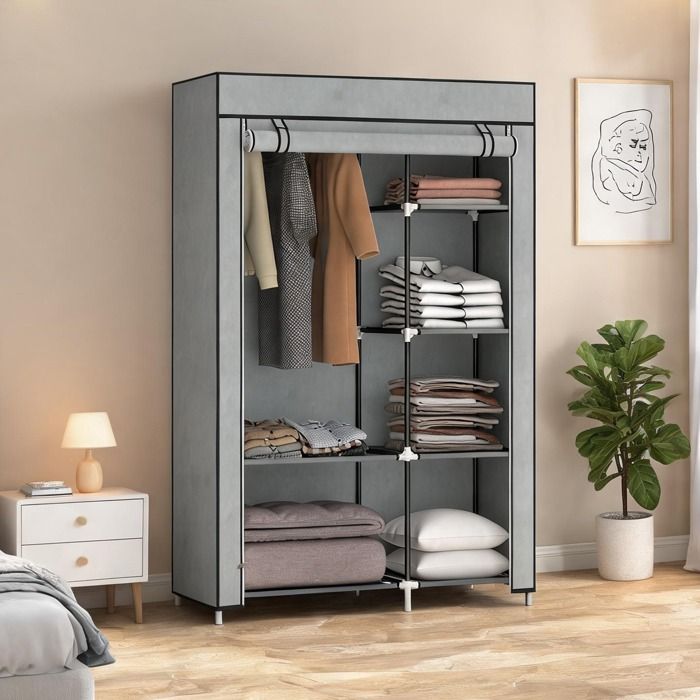 Armoire-penderie pliante en acier – 6 étagères et barre de suspension – Housse non tissée gris clair – Rangement chambre ou