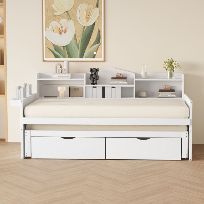 Lit banquette 90x200 blanc avec lit gigogne 90x190 tiroirs et prise USB