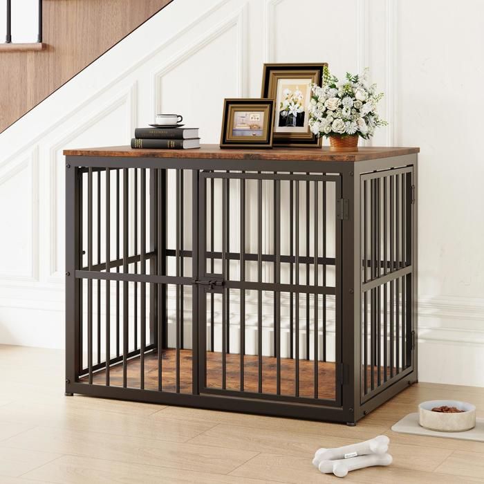 Meuble Cage pour chien - 84x56x66cm - 3 Portes Meuble TV Modulaire Plateau Imperméable - Marron