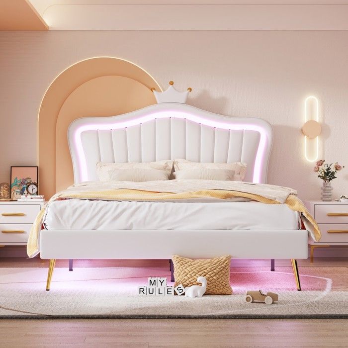 Lit enfant double 140x200cm PU blanc LED sommier lattes tête rembourrée cadre pour fille Lit enfant double 140x200cm PU blanc LED sommier lattes tête rembourrée cadre pour fille