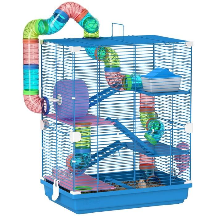 Cage pour hamster rongeur 4 étages avec tunnels mangeoire roue maison échelles 46 x 30 x 58 cm bleu