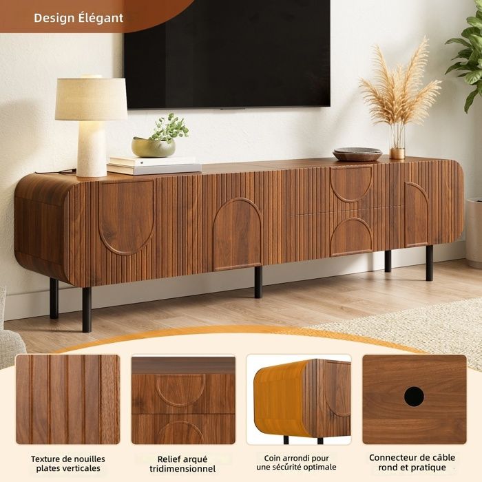 Meuble TV 180 x 40 x 47 5 cm 3 portes 2 tiroirs passe-câbles MDF et panneaux de particules noyer