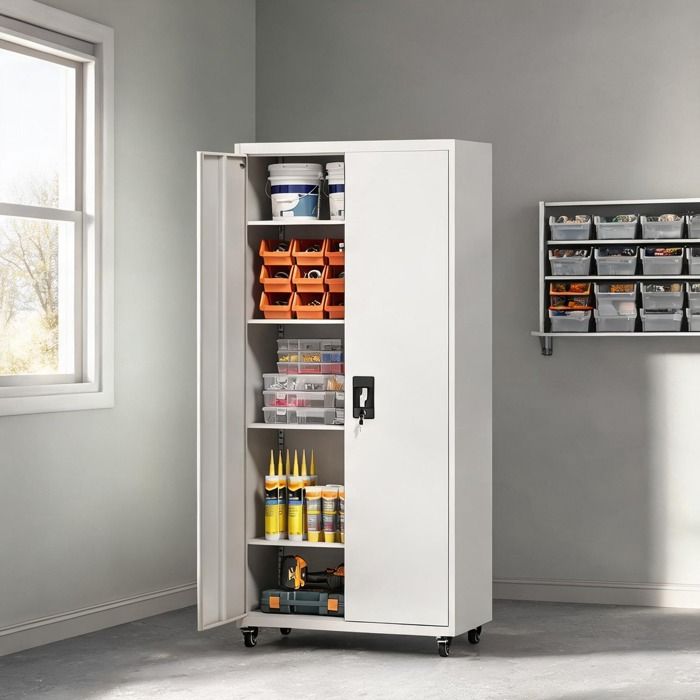 Armoire à outils en acier avec 4 étagères réglables roues amovibles et serrure 180 cm