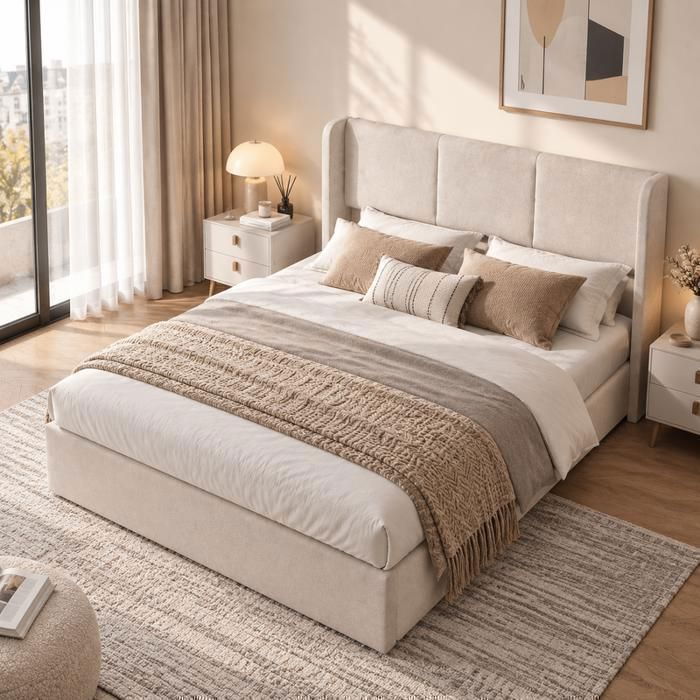 Lit coffre rembourré 160x200 cm avec sommier lit adulte double avec rangement tête de lit capitonné lit 2 personnes en lin beige