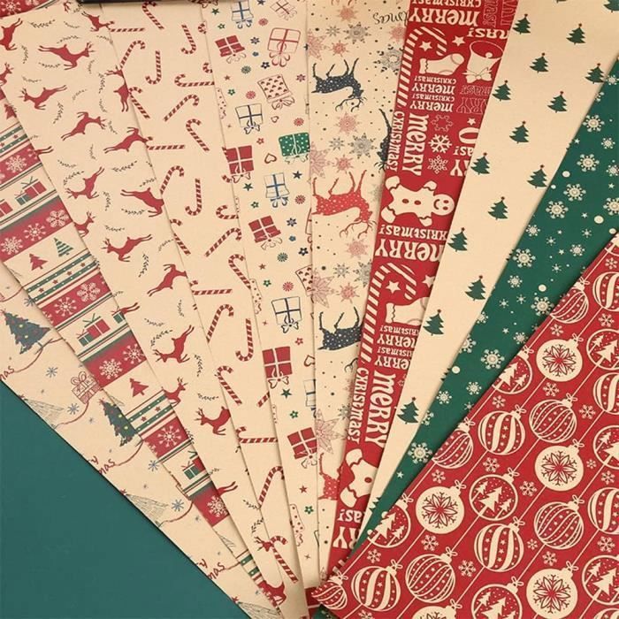 Lot De 10 Feuilles De Papier Cadeau Kraft Recyclé - Motifs Vintage Noël (sapin, Renne, Flocons) - 50x70 Cm, 100g/m² - 3