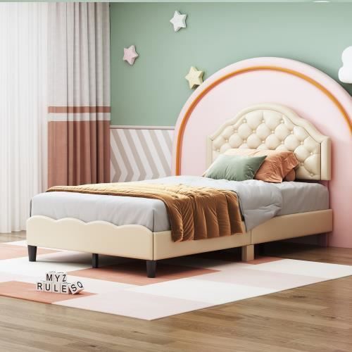 lit d'enfant lit rembourré 90 * 200cm, cadre à lattes pu lit de fille en cuir beige avec dossier (matelas non inclus)