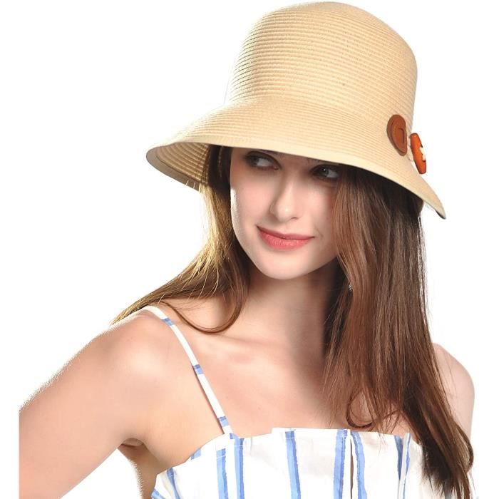 Comhats Chapeau de paille pliable pour femme Chapeau dété Chapeau de soleil large bord avec sangle de menton 