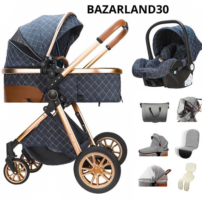 BAZARLAND30 Poussette 3 en 1 Bébé Combinée Siège-Auto Nacelle Trio Réversible Réglable Haute Qualité Roues increvables BLEU