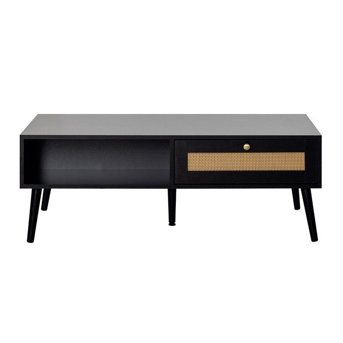 Goto - table basse - noir et cannage - 1 tiroir et 1 niche - 110 cm - Noir Goto - table basse - noir et cannage - 1 tiroir et 1 niche - 110 cm - Noir