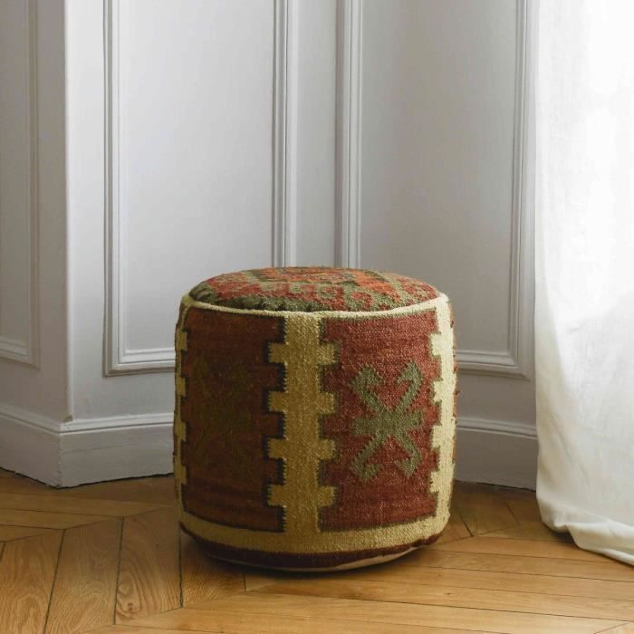 pouf à motifs kilim colorés dimension produit : diamètre 40 hauteur 43 cm rouge