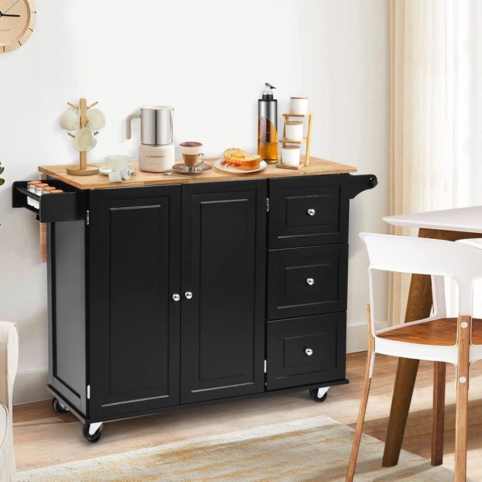 COSTWAY Desserte sur Roulettes Service de Cuisine de Roulant avec Plans de Travail Rabattable en Bois Armoire de Rangement Noir COSTWAY Desserte sur Roulettes Service de Cuisine de Roulant avec Plans de Travail Rabattable en Bois Armoire de Rangement Noir
