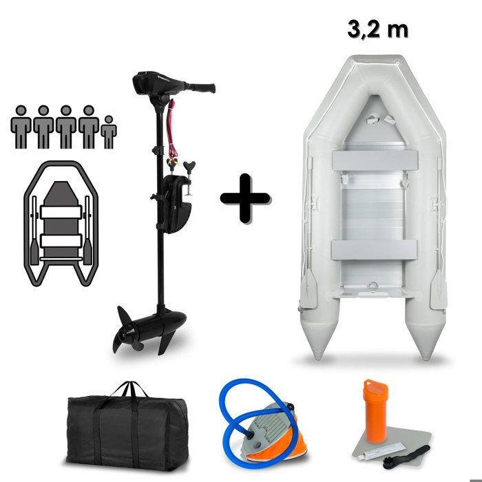 EBERTH Bateau de pêche Gonflable en PVC Robuste pour 3 à 8 Personnes, 2X pagaies, Puissance Moteur Max. 10 à 50 CV, kit de réparation, Pompe, Sac de Transport, jusqu'à 484 à 1100kg