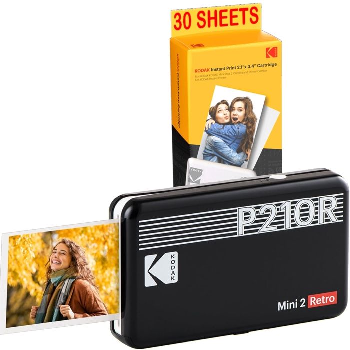 KODAK Pack Mini Imprimante P210 Retro 2 Noir + 8 photos incluses + Cartouche 30 photos format CB - Bluetooth - Sublimation