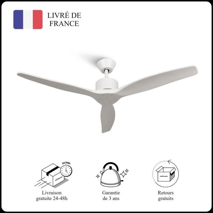 Mellerware - Ventilateur de plafond avec télécommande Brizy! Bright 45W Silencieux 3 lames 132cm 6 vitesses Blanc - Mellerware