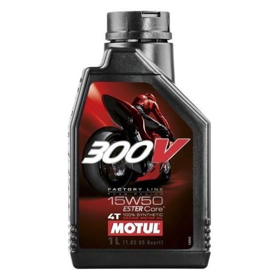 Bidon d'un litre d'huile Motul 15W50 300V 4T 100% Synthèse pour moto compétition