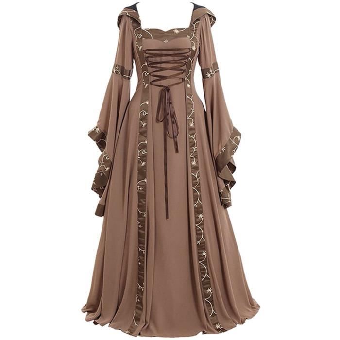 Robe Médiévale Femme Grande Taille Avec Capuche - Costume Renaissance Manches Trompette Ceinture Cravate