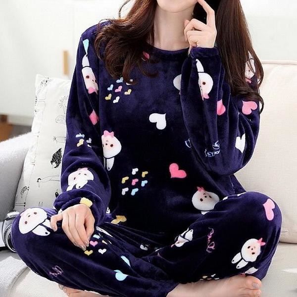Pyjama Femme 2 Pièces – Manches Longues, Rayures – Chaud Et Confortable – Automne-hiver – Tissu Respirant – Pour La Maison