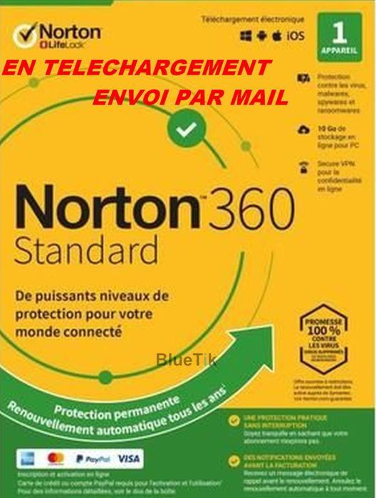 Avec CB - NORTON 360 STANDARD 2024 avec Abonnement 1 Appareil PC MAC Android - 1 AN - 10GB CLOUD - Envoyé par mail - ESD