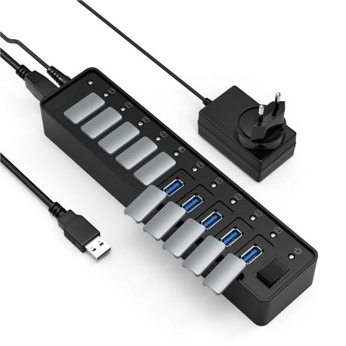 Hub 10-port USB 3.0 alimenté chargeur 12V 3A de chargement rapide avec  éclairage et capuchon anti-poussièree - Cdiscount Informatique