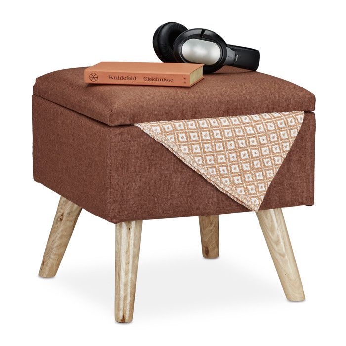Relaxdays Tabouret de rangement revêtement lin synthétique rembourré pieds bois couvercle 40x40x40 cm marron