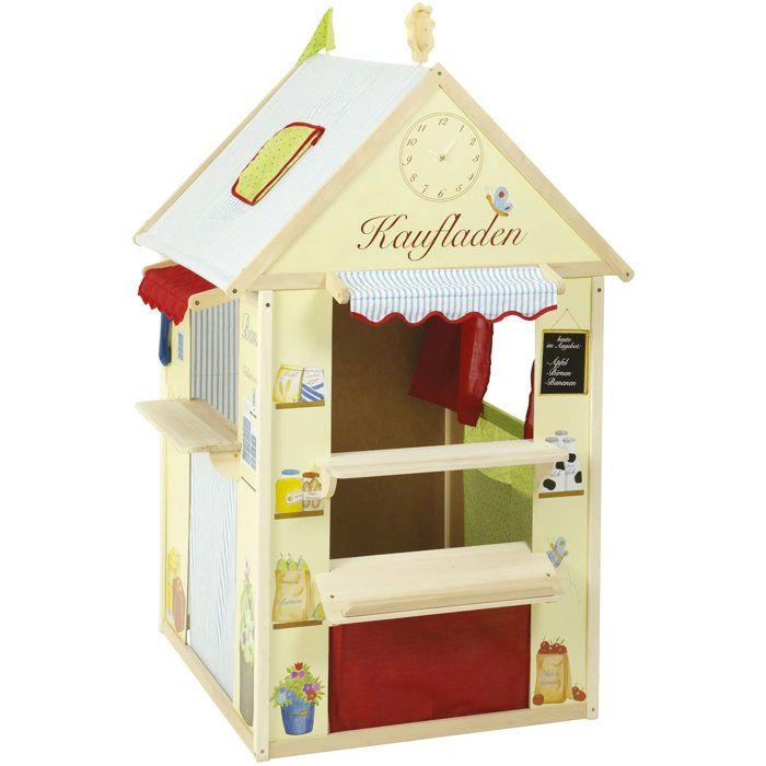 Maisonnette 4-en-1 - ROBA - Bois - 4 faces : Théâtre de marionnette épicerie poste et banque - Jaune / Vert pastel