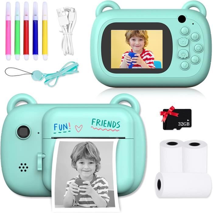 Appareil Photo Instantané Pour Enfants – 12 MP, Vidéo 1080p, Impression Immédiate, 3 Rouleaux + 32 Go – Jouet Rose Dino Super Fun !