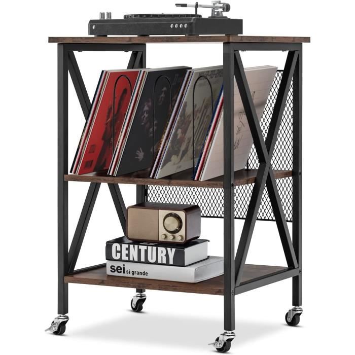 Support Platine Vinyle Avec Rangement - Table Pour Tourne-disque Et 150 Vinyles - Roulettes Et Affichage Inclus