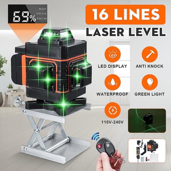 Acheter Niveau Laser 4D 12/16 lignes, lumière verte, mesure rotative à 360 ° auto-nivelante numérique avec batterie 6000mah