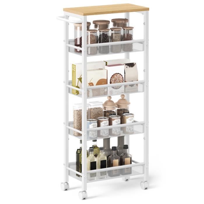 Desserte 5 Niveaux avec Roulettes Cadre en Acier Poignée Petit Espace Salle de Bain Salon Bureau Beige Chêne et Blanc
