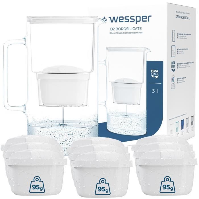 Wessper Carafe en verre avec 1 filtre à eau (compatible avec Brita