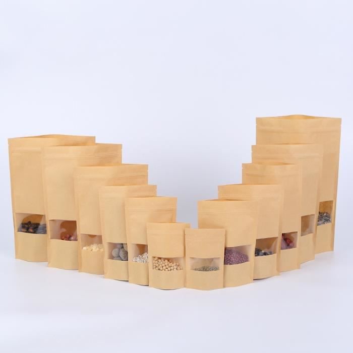 50 Sachets Kraft Autocollants Avec Fenêtre - Réutilisables, étanches - Pour Aliments, Thé, Snacks