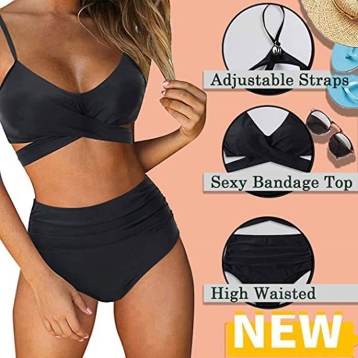 Baynetin Bikini 2 Pièces Taille Haute - Maillot De Bain Femme Sexy Dos Nu Col En V