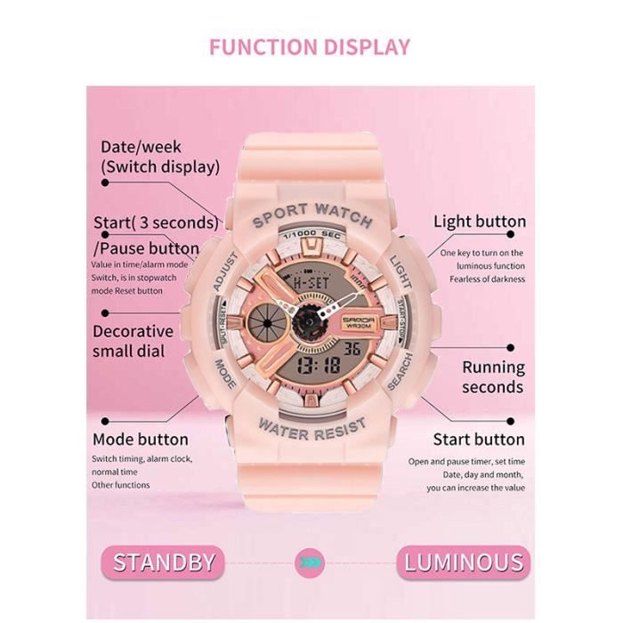 Montre Enfant Fille Ado Digital Analogique avec Alarme Lumineuse