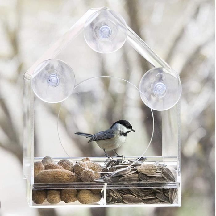 Mangeoire à Oiseaux à Fenêtre Transparente en Acrylique à L'extérieur,  Mangeoire à Oiseaux à Fenêtre Transparente avec Ventouses Fortes, Mangeoire  à