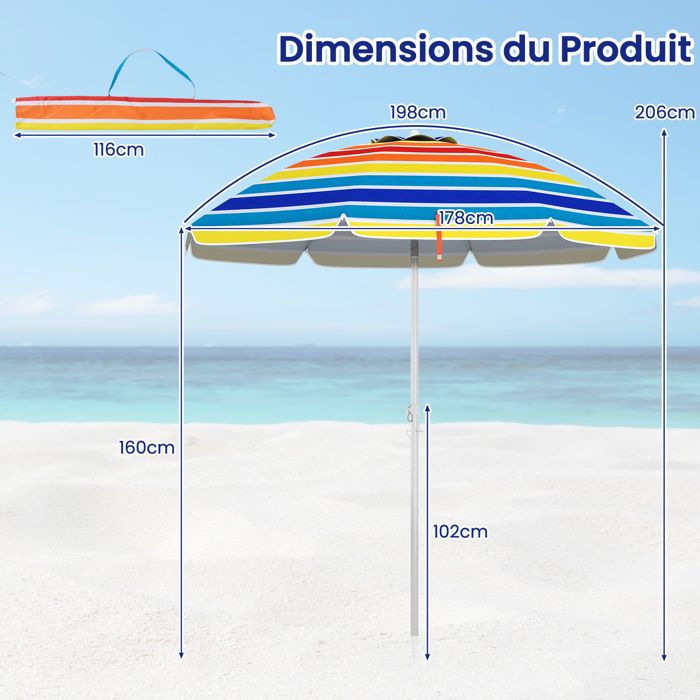 AKTIVE 62222 Parasol De Plage 220cm - Toit Ventilé UV50 - Multicolore Avec Sac