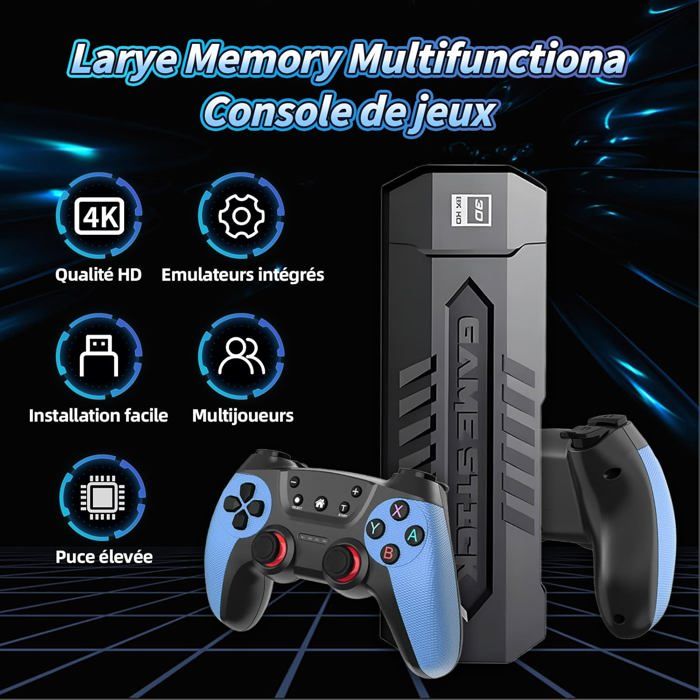 Clé De Jeu Rétro 4K Bleu 256Go - 70000 Jeux + 2 Manettes Sans Fil Rechargeables