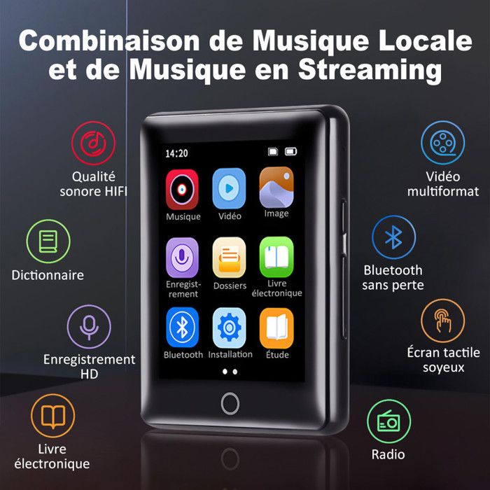 Lecteur MP3 Bluetooth 5.4 - Écran Tactile 2,4" - 128 Go Mémoire - Radio FM, EBook, Alarme - Autonomie 50h - Pour Enfants, Sport, Voyage - 8