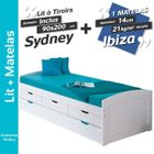 ALTOBUY Sydney - Pack Lit à Tiroirs 90x200 + 1 Matelas Ibiza Blanc