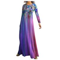 Sasaquoy Femmes Rétro Mode Col Rond À ​​Manches Longues Imprimer Slim Vintage Robes Longueur Cheville Violet
