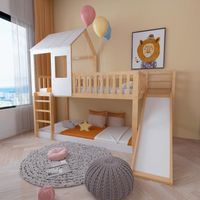 Lit superposé, lit superposé enfant, lit cabane enfant avec toboggan et escalier, 90 x 200 cm, blanc + naturel