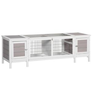 CLAPIER Cage lapin - PawHut - bac amovible - 2 portes - pieds surélevés - grillage en acier - 161 x 50,5 x 53,3 cm - blanc et gris