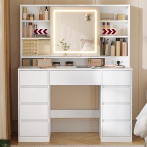 Grande Coiffeuse Avec Miroir LED 10 Ampoules - Meuble Avec Rangement, Multiprise Et 6 Étagères AOGLLATI