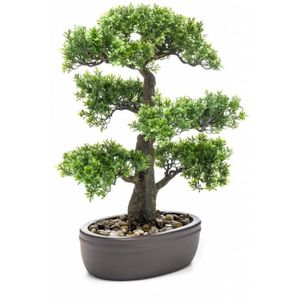 FLEUR ARTIFICIELLE Emerald Mini bonsaï Ficus artificiel sur plaque marronne 43 cm