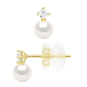 Boucle d'oreille Boucles D'Oreilles Fantaisies Serti de 2 Oxydes de Zirconium - véritables Perles De Culture d'Eau Douce Rondes - Or Jaune
