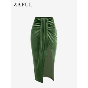 JUPE Jupe,jupe Midi plissée en velours drapé froncé, couleur unie, taille élastique ajustée, cuisse, fente haute, pour - Light Green