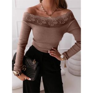 PULL PULL Femme Manches longues à col unique patchwork de dentelle sexy - yf011045 Cafe JXSHOP2021